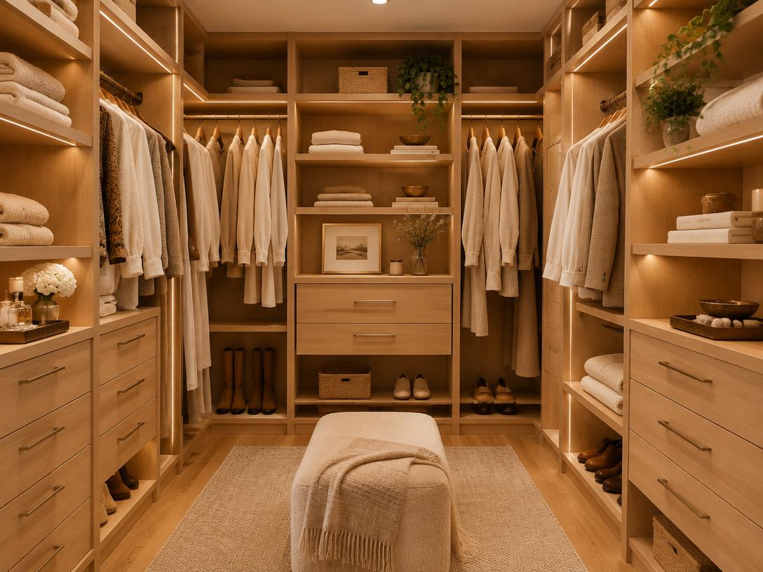 Closet planejada com marcenaria de madeira clara