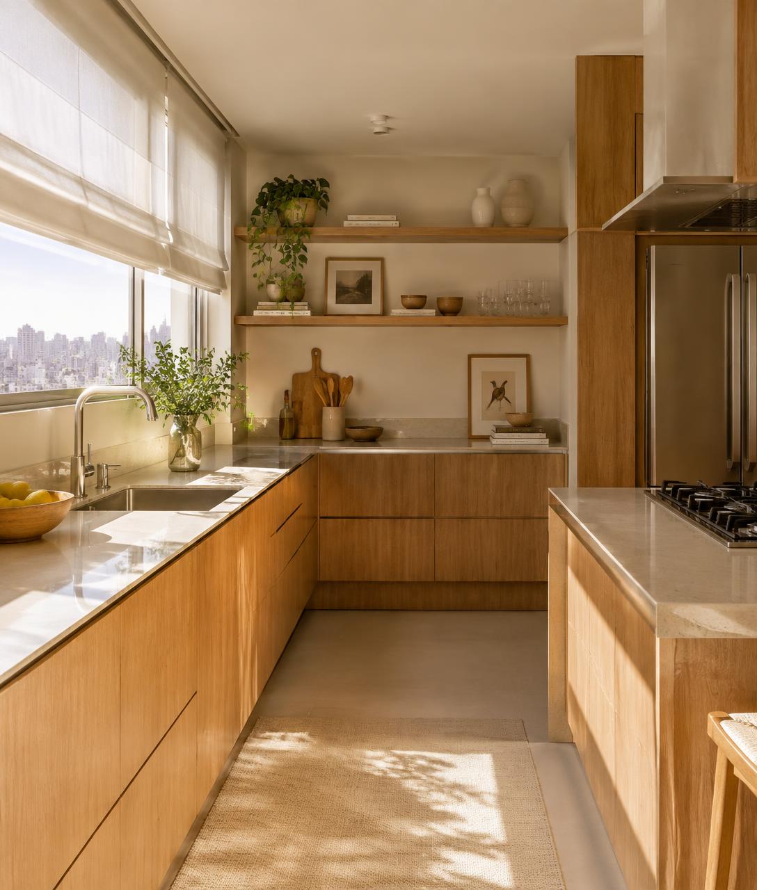 Cozinha planejada com armários de madeira clara em apartamento iluminado